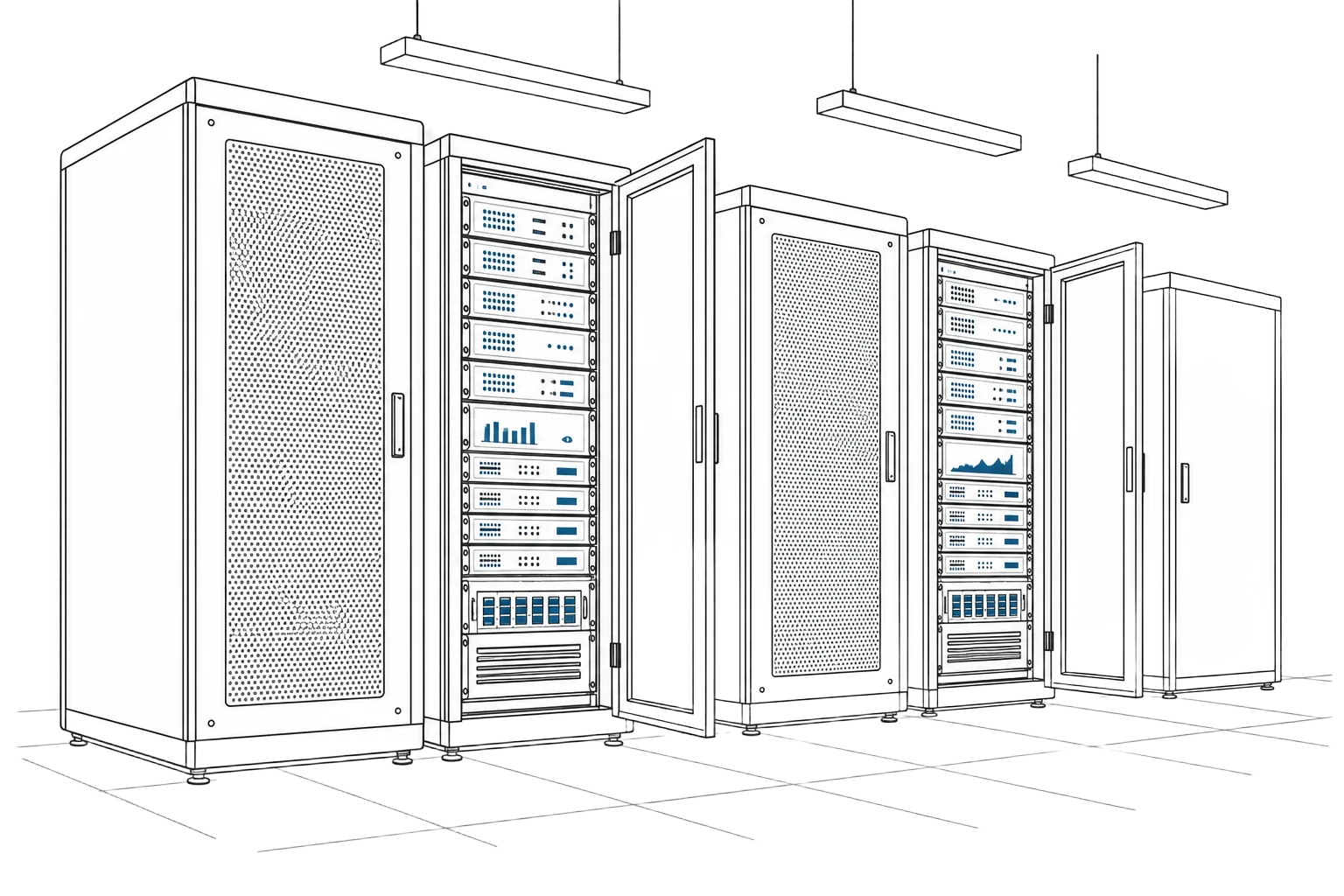 Line drawing of server racks in a data centre